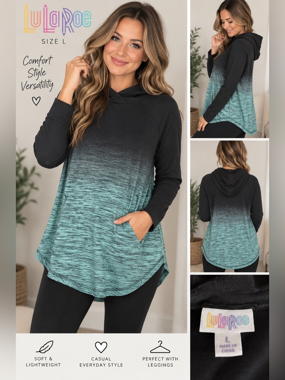 LuLaRoe Large Black Teal Ombré Hooded Tunic Top Long Sleeve Hoodie